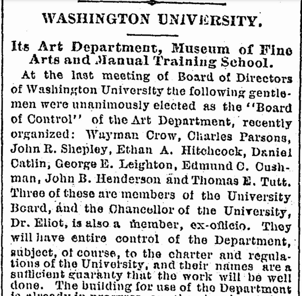 The heading for the article "Washington University: Its Art Department, Museum of FIne Arts, and Manual Training School" from the St. Louis Globe-Democrat